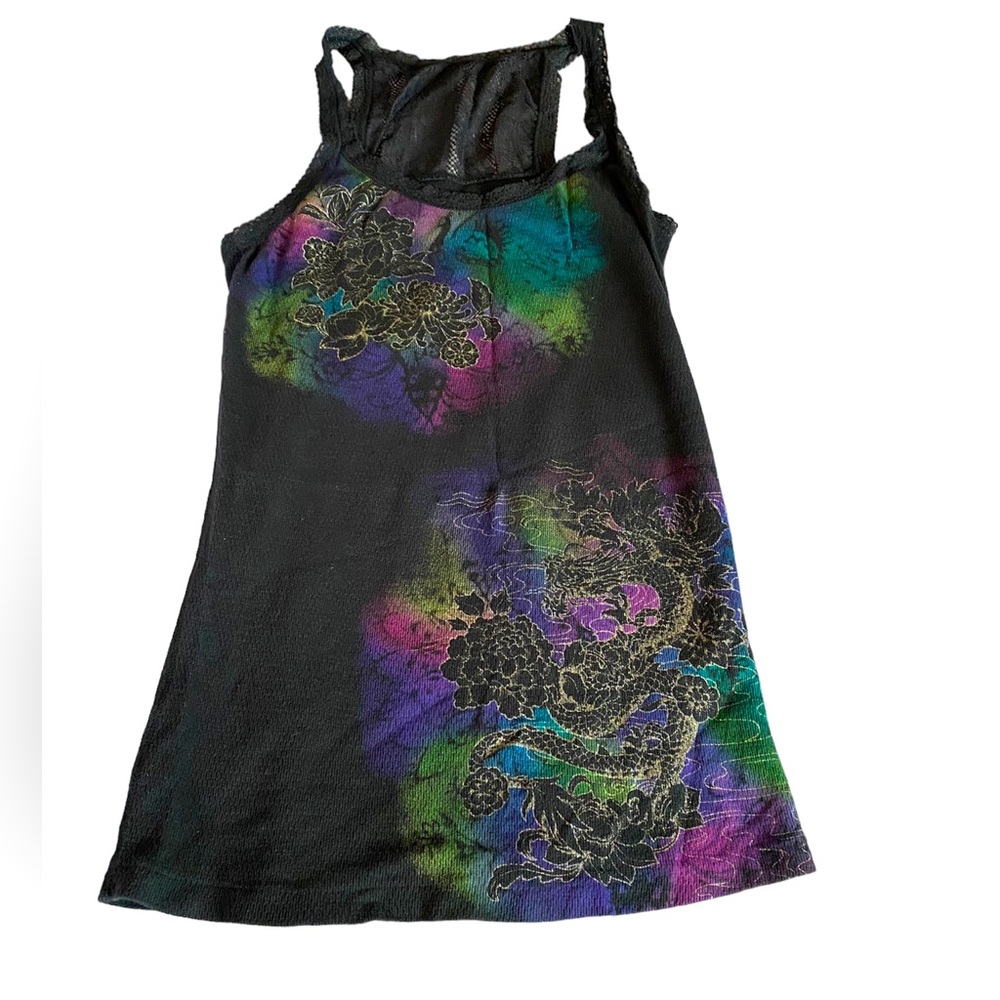 Lucky Brand Tank with multi color graphic and mesh detail on back. Size medium